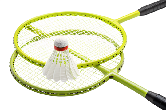 Two vibrant yellow badminton rackets and a white shuttlecock are placed, isolated for easy placement on any transparent background.