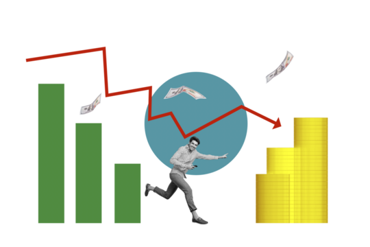 Composite photo collage of happy guy freelancer run phone point arrow chart coin income success cash profit isolated on painted background
