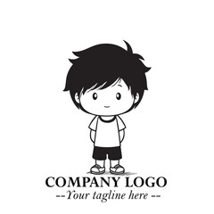 Black and White Chibi Boy Illustration with Jacket and Boots in Bold Thick Line Art Minimal Style