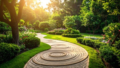 Serene Zen garden path with sunlight.
