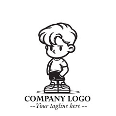 Black and White Chibi Boy Illustration with Jacket and Boots in Bold Thick Line Art Minimal Style