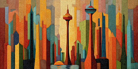 Abstract geometric cityscape with towering structures against a vibrant, colorful sunset backdrop, evoking urban exploration and modern architecture