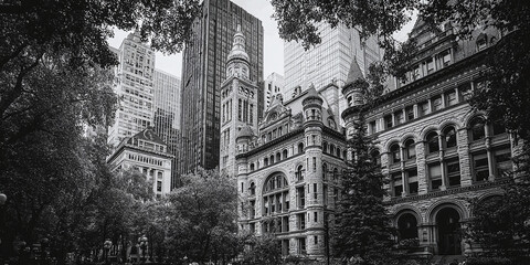 Fototapeta premium Monochrome cityscape featuring historic and modern architecture in an urban setting