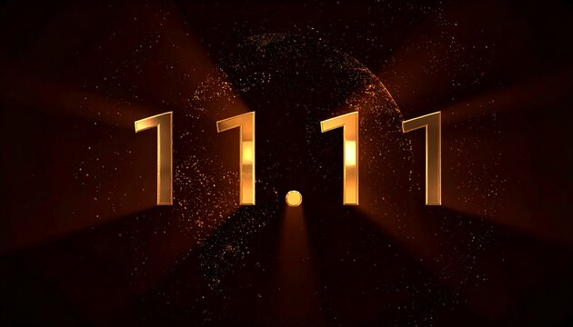 Radiant golden '11.11' digits shine brightly amidst sparkling particles and luminous rays on a dark, luxurious background, evoking a sense of festive celebration and significant sales events