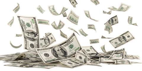 Many hundred dollar bills are falling and scattering, creating a rain of money, isolated on a clean transparent background.