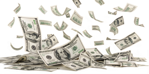Many hundred dollar bills are falling and scattering, creating a rain of money, isolated on a clean transparent background.