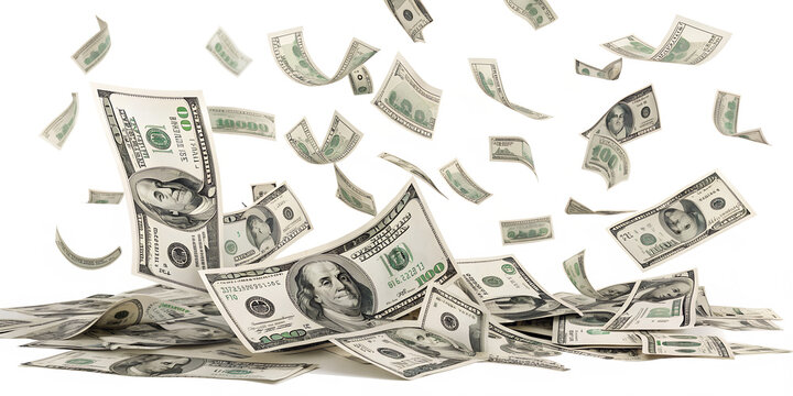 Many hundred dollar bills are falling and scattering, creating a rain of money, isolated on a clean transparent background.