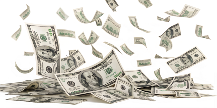 Many hundred dollar bills are falling and scattering, creating a rain of money, isolated on a clean transparent background.