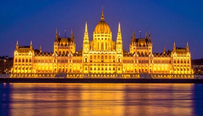 Fototapeta premium Illuminated grand building with dome and spires reflects golden light onto a still body of water at twilight