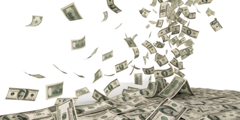 Many crisp dollar bills are actively falling and scattering everywhere, creating a dynamic shower of cash that piles up, isolated on a transparent background.