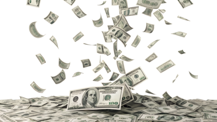 A cascade of dollar bills is falling and scattered, forming a shower of cash, isolated on transparent background.