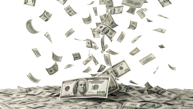 A cascade of dollar bills is falling and scattered, forming a shower of cash, isolated on transparent background.