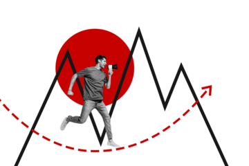 Composite trend artwork sketch image photo collage of young guy leader hand hold loudspeaker talk business arrrow trader success graphics