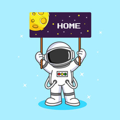 Cute Astronaut Holding Home Sign with Moon Flag Vector Illustration Cartoon Design
