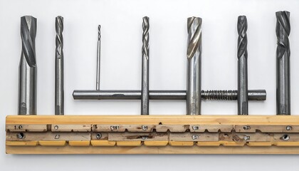 Overhead shot of various metal drill bits of different sizes secured on a wooden holder against a white backdrop