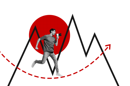 Composite trend artwork sketch image photo collage of young guy leader hand hold loudspeaker talk business arrrow trader success graphics