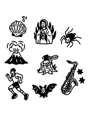 Weird pop culture and dark doodle tattoo elements