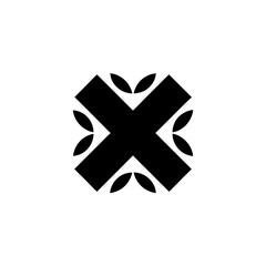 Black cross shape with leaf accents on white background on transparent background silhouette