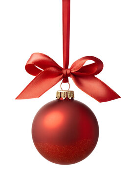 A vibrant red matte Christmas ornament with a sparkling glitter base and a delicate ribbon bow hangs isolated on a transparent background.