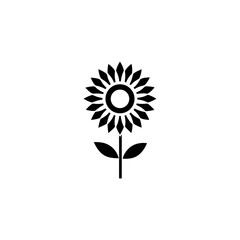Illustration of a black sunflower with leaves and stem on transparent background silhouette
