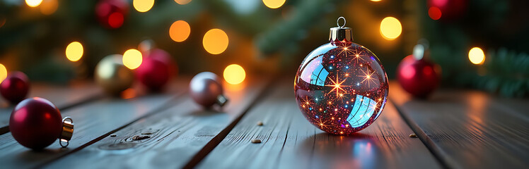 gleaming glass christmas ornament glimmers vibrant hues amidst scattered tapestry festive decorations minimalist wooden table