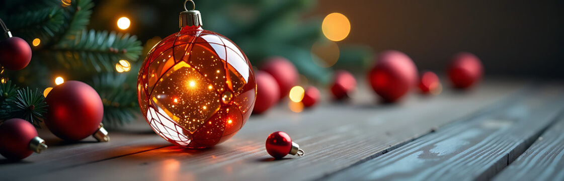 gleaming glass christmas ornament glimmers vibrant hues amidst scattered tapestry festive decorations minimalist wooden table