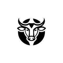 Stylized black and white bull head in a circle logo on transparent background silhouette
