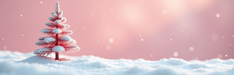 gentle solitary christmas tree standing amidst swirling wisps powdery snow atop serene pastel pink background soft