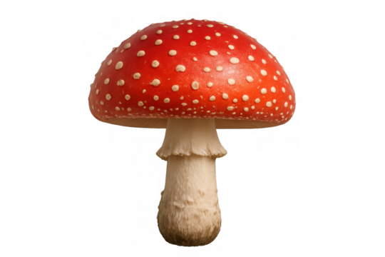 Fly agaric mushroom with red cap and white spots, known as amanita muscaria, standing on transparent background