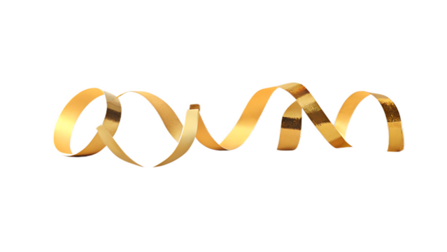 A shiny gold ribbon curls in an elegant spiral, isolated against a transparent background, perfect for festive designs.