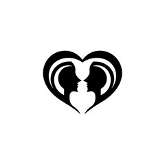 Silhouette of two faces inside a heart shaped icon on transparent background
