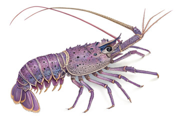 A beautiful vibrant purple spiny lobster with its long antennae is presented in full profile, isolated on a clean transparent background.