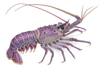 A beautiful vibrant purple spiny lobster with its long antennae is presented in full profile, isolated on a clean transparent background.