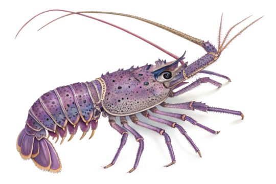 A beautiful vibrant purple spiny lobster with its long antennae is presented in full profile, isolated on a clean transparent background.