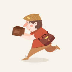 Man with Hat and Bag Running in Adventurous Cartoon Style