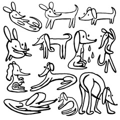 Abstract line art doodle of cute, weird dog set