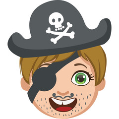 Cartoon Pirate Head with Eyepatch Skull Hat and Moustache