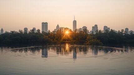 a serene cityscape reflecting in calm water during a golden sunset, with trees, silhouetted buildings, and a warm sky