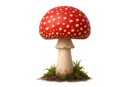 Fly agaric mushroom with red cap and white spots standing on moss and soil isolated on a transparent background - Powered by Adobe