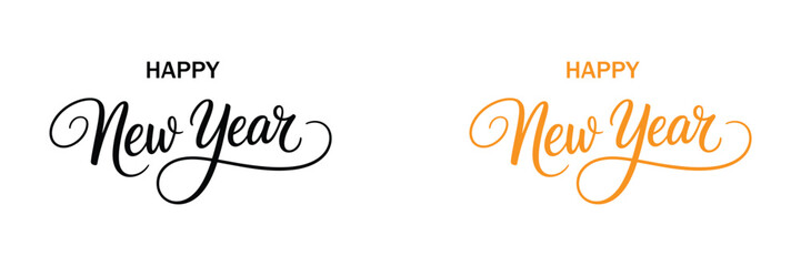 Spark joy with elegant 'Happy New Year' script in black and vibrant orange, ideal for festive cards, invitations, and celebratory graphic designs. A classic touch for any holiday.