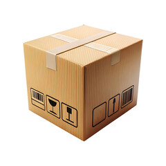3D Delivery Box with Fragile Symbol and Barcode – Isolated on Transparent Background.