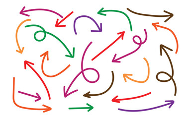 Hand drawn colorful arrow vector icons set. Sketch arrow, direction and flow symbol. vector illustration.