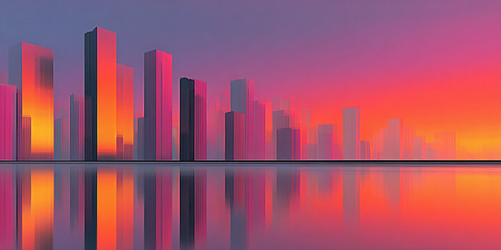 Serene cityscape silhouette reflected in calm water at sunrise with vibrant gradient sky