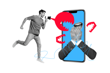 Collage young man scream announce proclaim loudspeaker internet mockery bullying touchscreen media shocked mouth face fragment hands