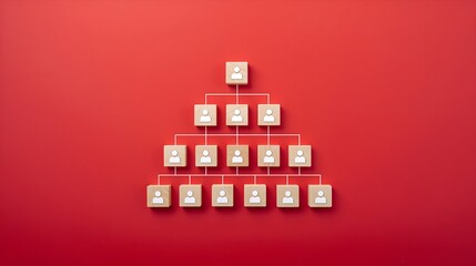 a company structure with various levels, illustrated through connected blocks against a red backdrop. This image signifies hierarchical structure, team organization