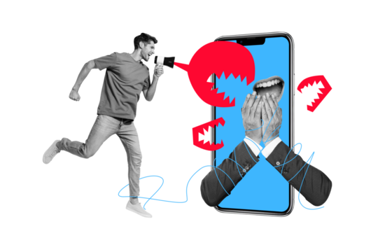 Collage young man scream announce proclaim loudspeaker internet mockery bullying touchscreen media shocked mouth face fragment hands