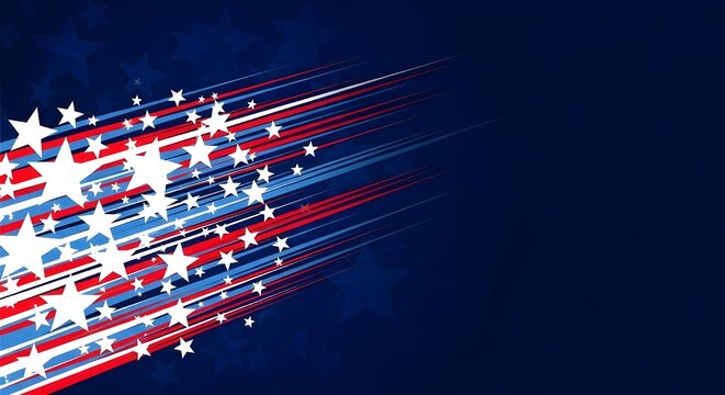 Dynamic American flag theme vector background with white stars and red, white, and blue motion blur lines streaks, patriotic design, Fourth of July banner or political campaign backdrop. 