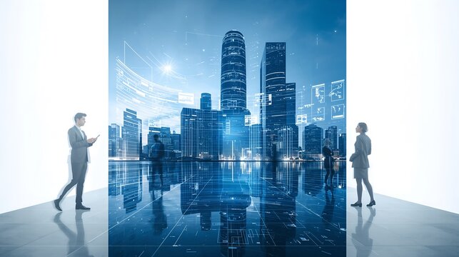 Futuristic city featuring digital overlays with silhouette of people in front. Experience a forward-thinking urban landscape