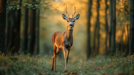 Deer walking in forest with tall trees
