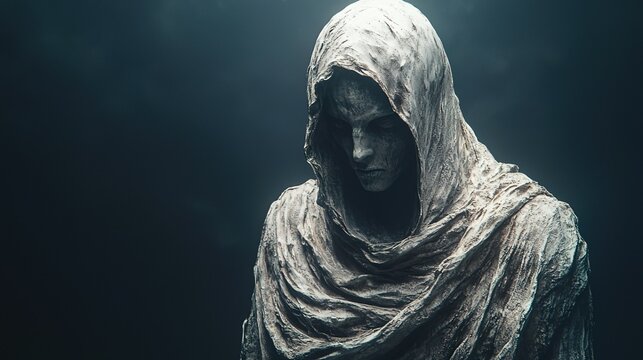 Mysterious Figure in Hooded Cloak against Dark Background